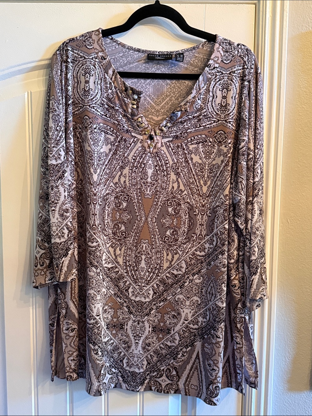 Susan Graver Taupe and Cream Paisley V-Neck Tunic with Embellished Neckline